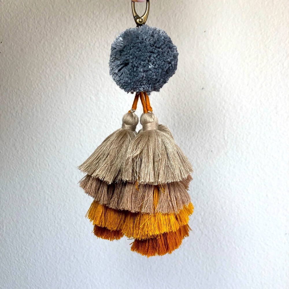 BOHO KEYCHAIN NEW Gray Pom with Brown Gold Tassels